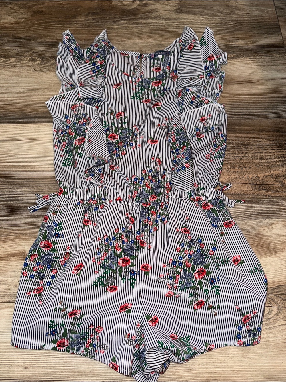 Girls large Striped Floral Ruffle Romper - Navy & White with Red Flowers